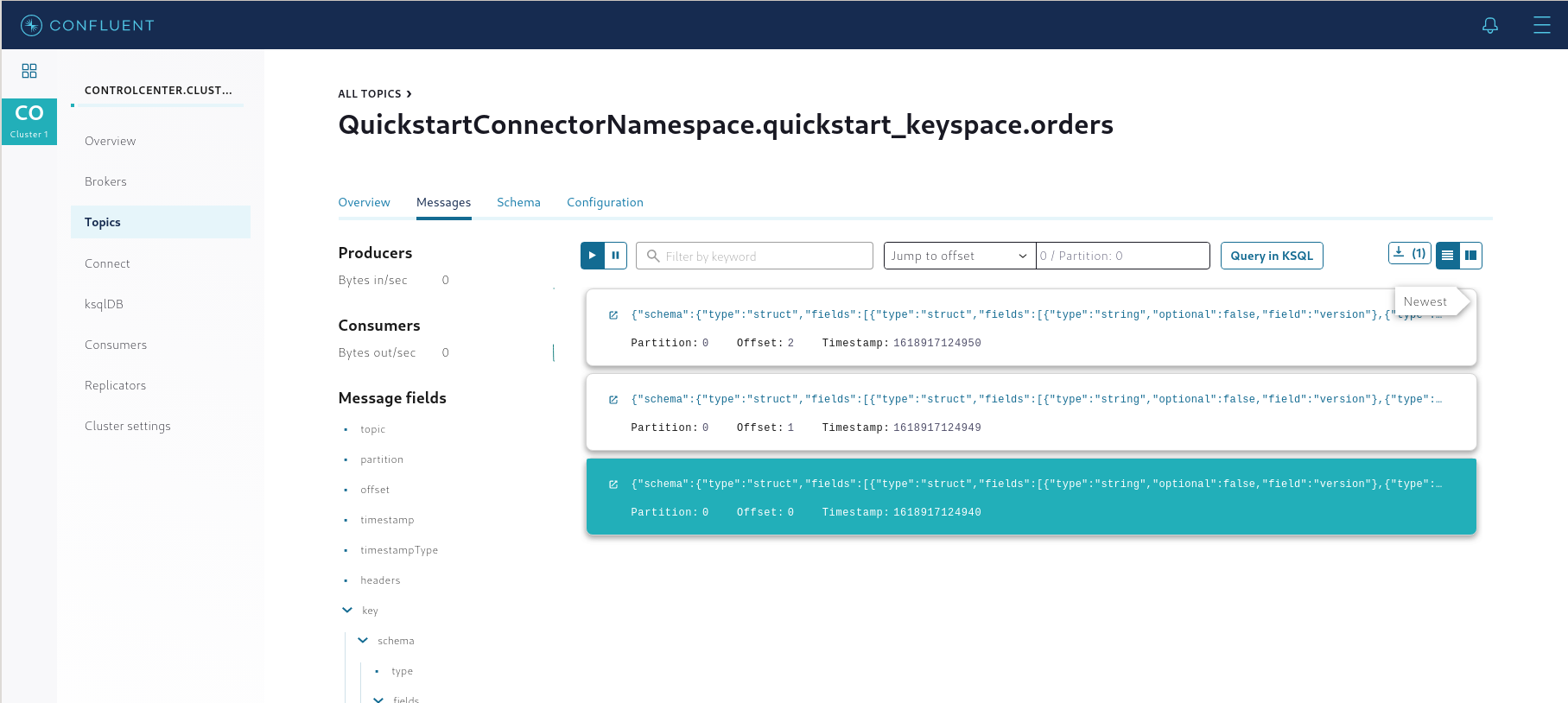 Confluent Control Center connector messages